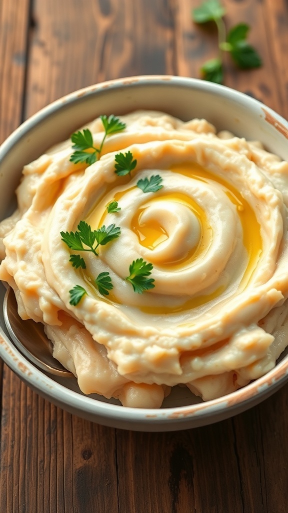 A bowl of mashed white beans garnished with herbs and olive oil on a rustic table.